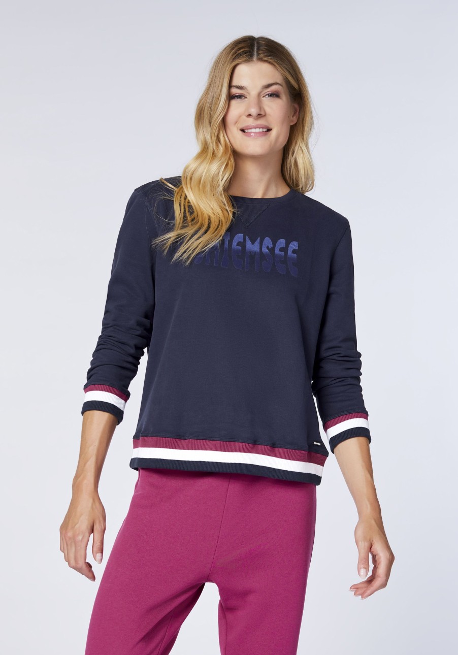 Damen chiemsee Sweatshirts & Sweatjacken | Logo-Sweater Aus Baumwollmix Mit Gestreiften Bundchen